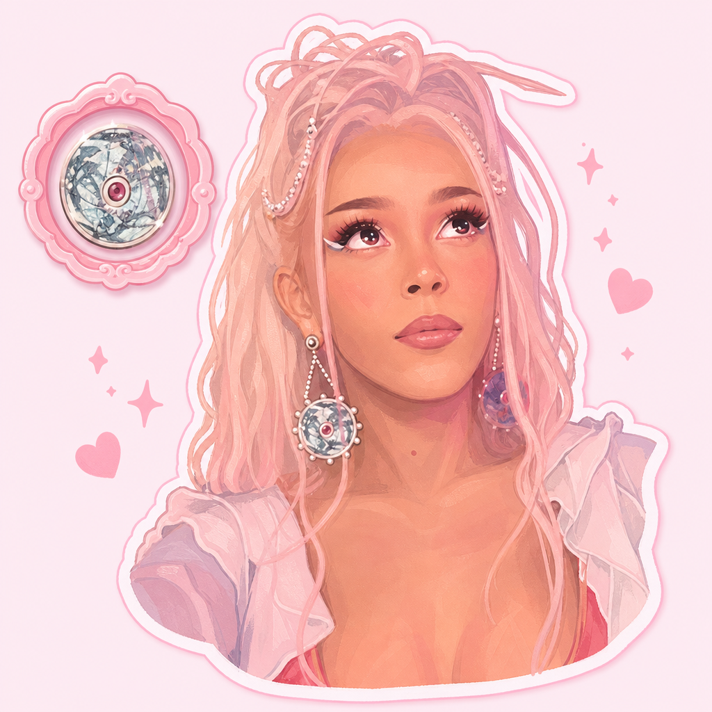 Sticker-cut close portrait of Doja Cat with the amulet pendant