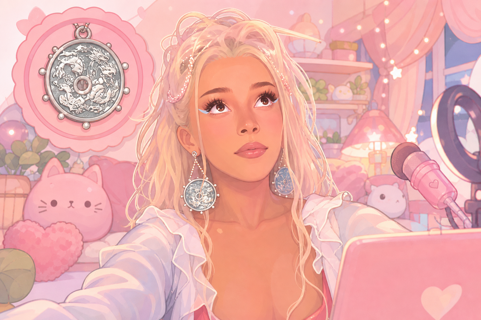 Wide dreamy scene sticker with the amulet framed in pink